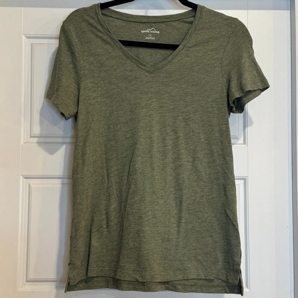 Eddie Bauer V-Neck Tee Women M Olive Green Heather Cotton Modal Short Sleeve
